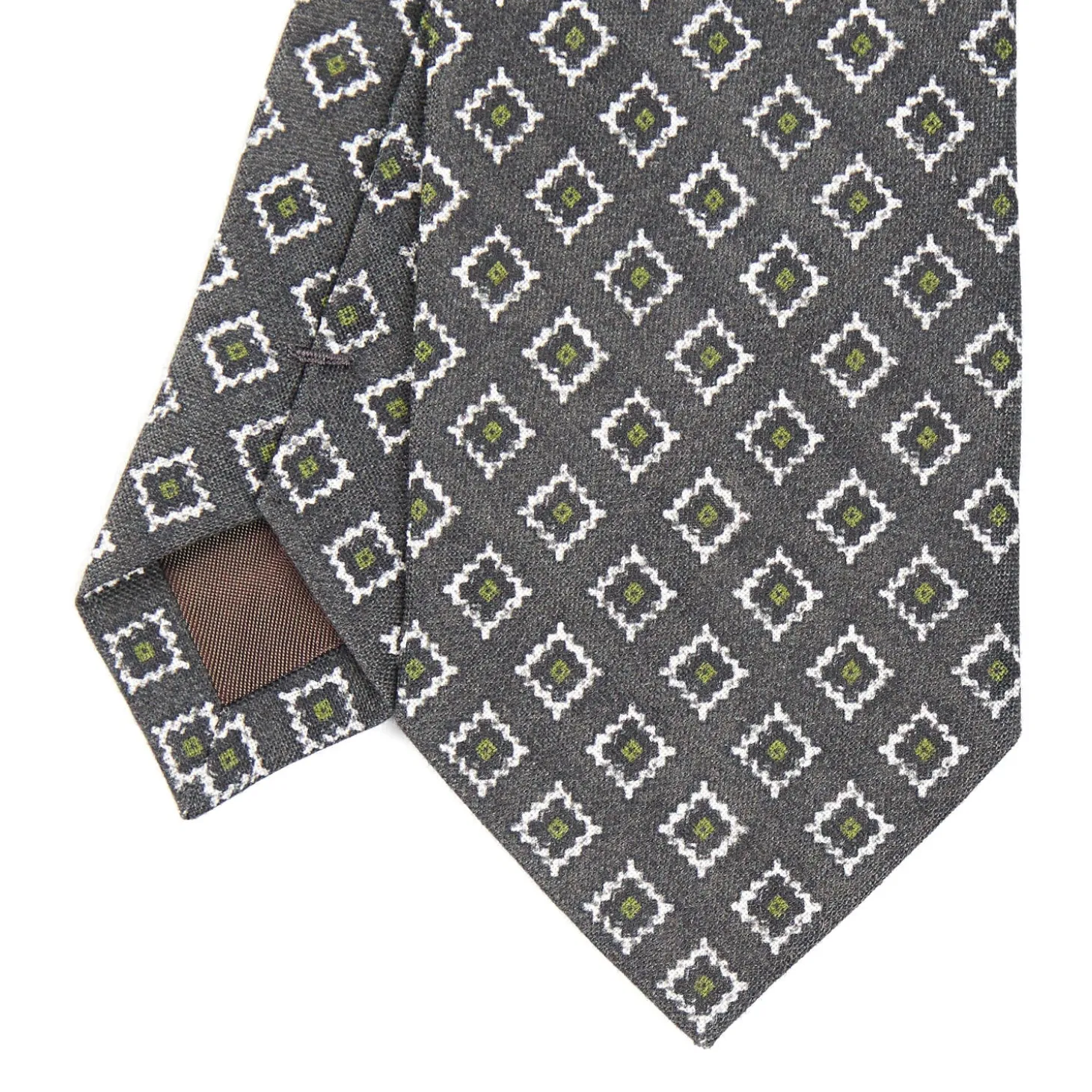 CRAVATTA SARTORIALE IN LINO GRIGIO SCURO Macrofantasia geometrica
