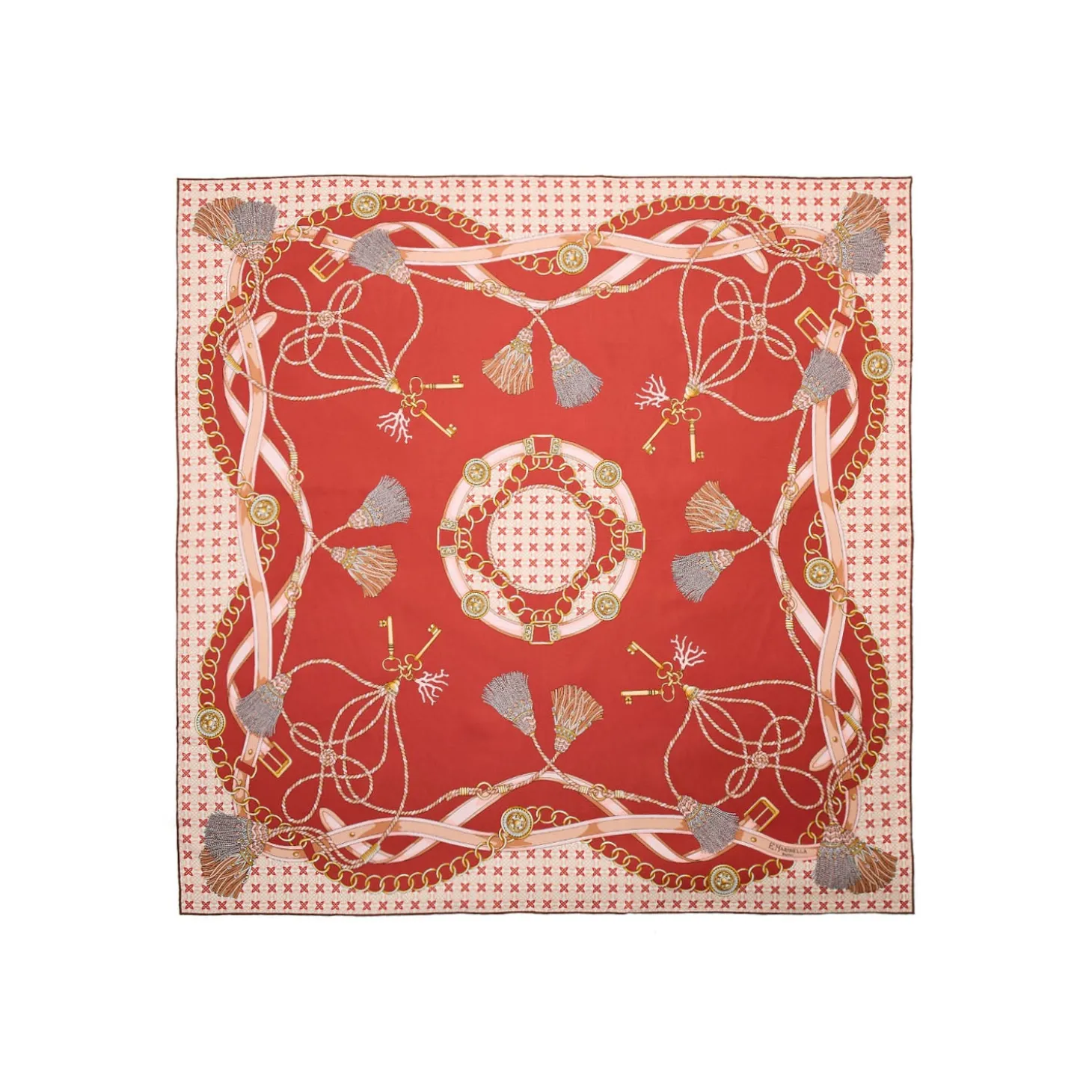 FOULARD IN SETA 90 MARRONE CHIARO Microfantasia, nappine e chiavi