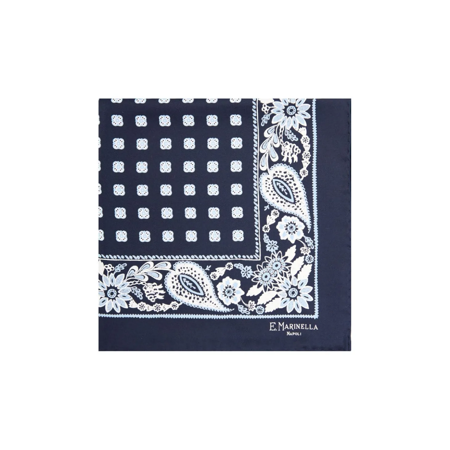 POCHETTE DA TASCHINO IN SETA STAMPATA A MANO BLU SCURO Microfantasia fiore
