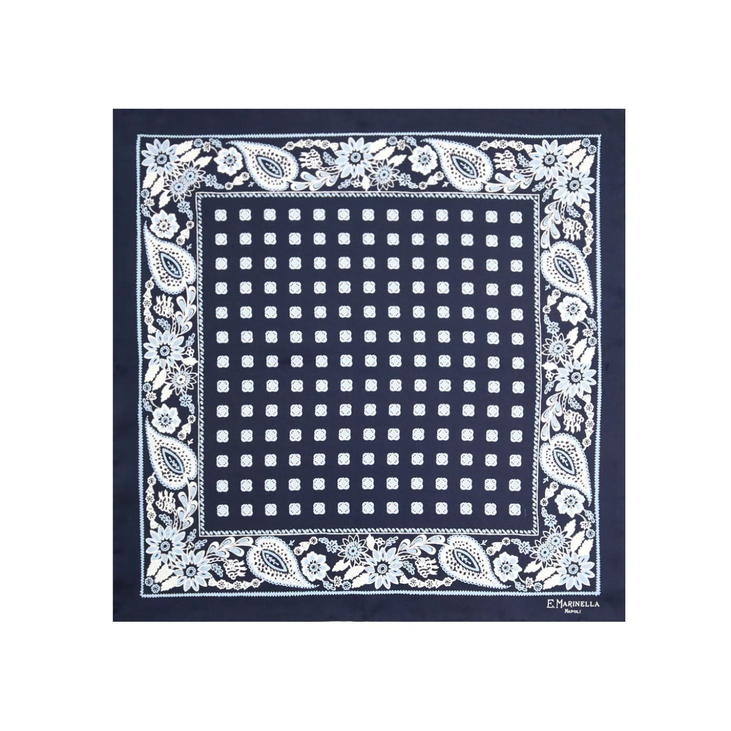 POCHETTE DA TASCHINO IN SETA STAMPATA A MANO BLU SCURO Microfantasia fiore
