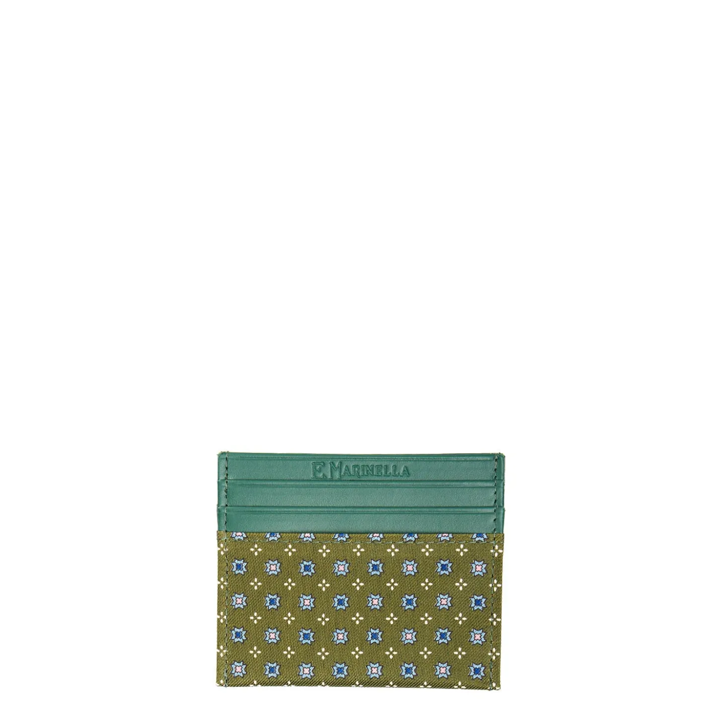 PORTACARTE DI CREDITO SETA E PELLE VERDE OLIVA 5 scomparti